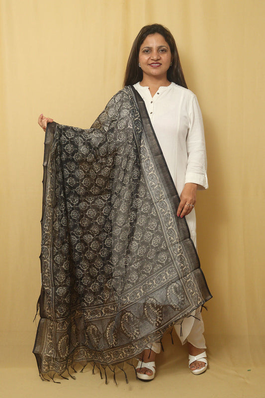 Chic Block Print Black Chanderi Silk Dupatta for Fashionable Look
