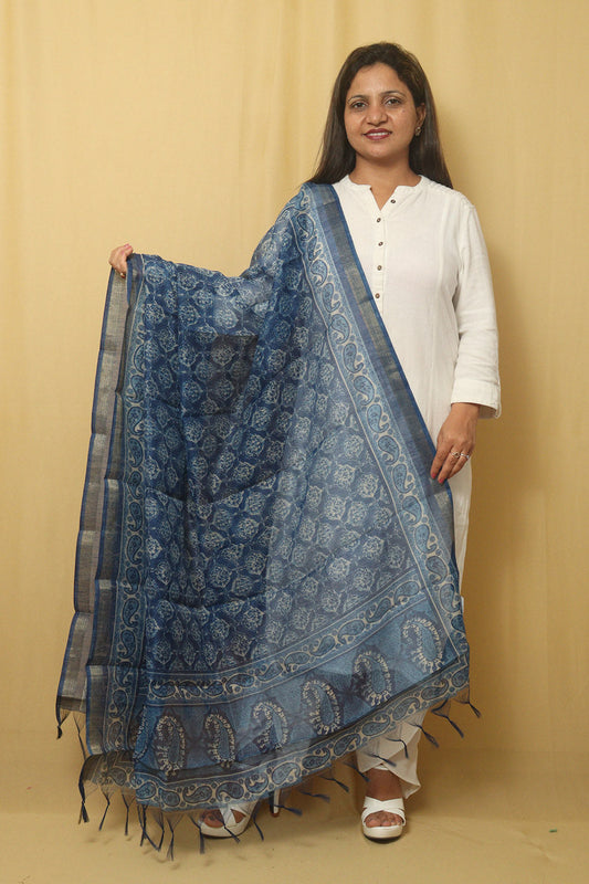 Block Printed Blue Chanderi Silk Dupatta - Stylish and Elegant - Luxurion World