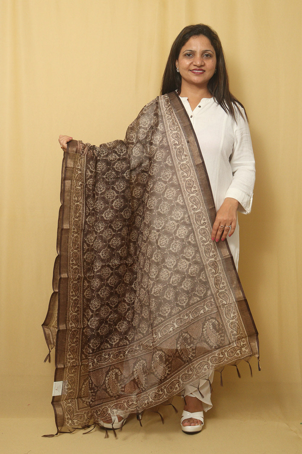 Chic Block Print Chanderi Silk Dupatta in Brown - Stylish Accessory - Luxurion World