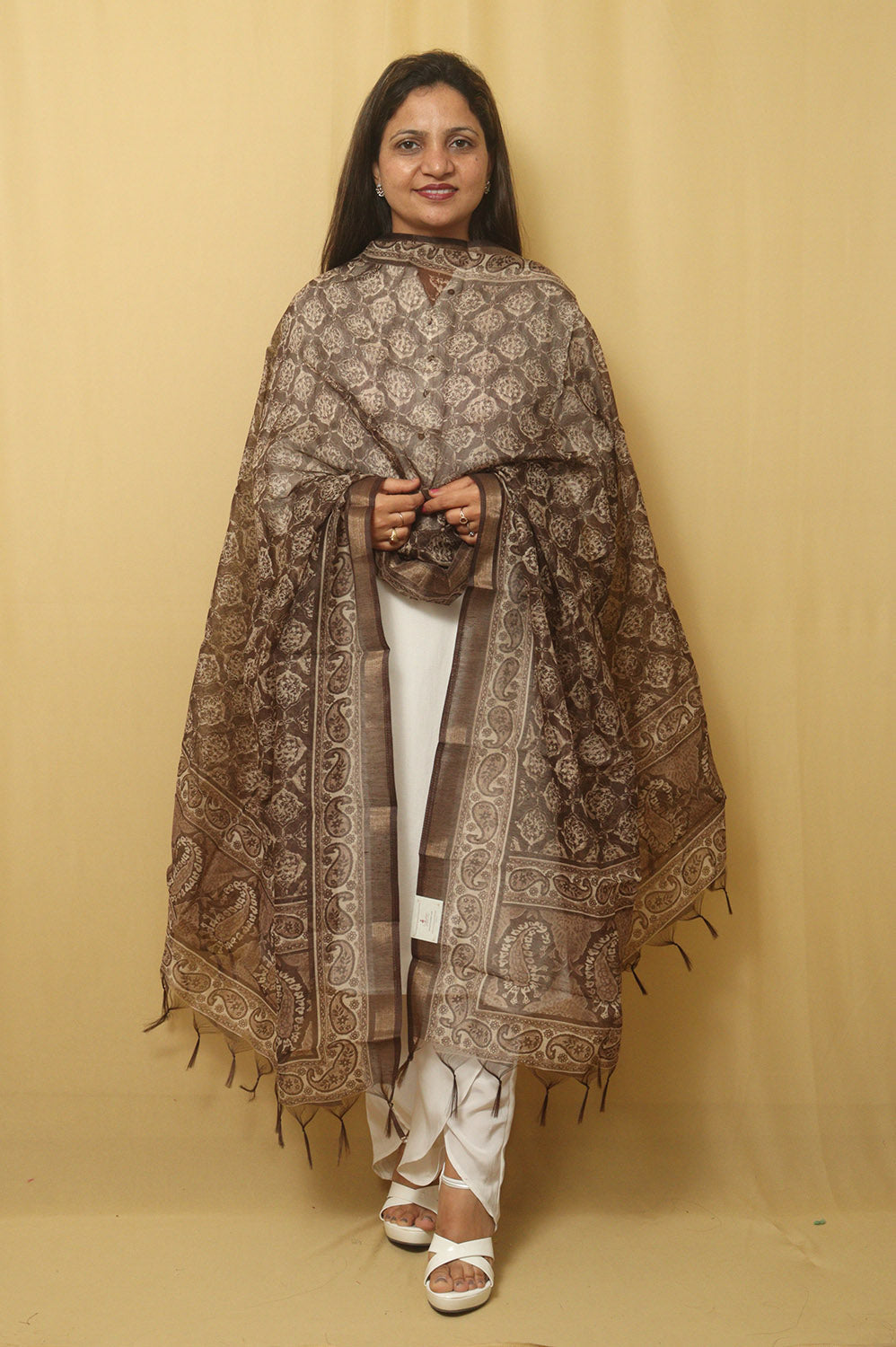 Chic Block Print Chanderi Silk Dupatta in Brown - Stylish Accessory - Luxurion World