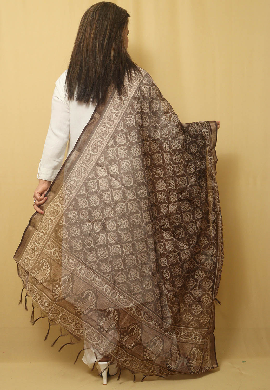 Chic Block Print Chanderi Silk Dupatta in Brown - Stylish Accessory - Luxurion World