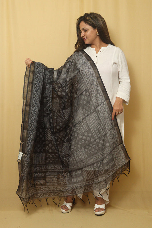 Block Printed Chanderi Silk Dupatta - Stylish Black Design