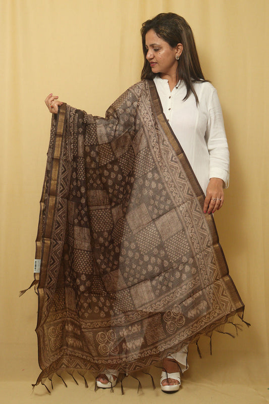 Block Printed Brown Chanderi Silk Dupatta - Stylish & Chic - Luxurion World