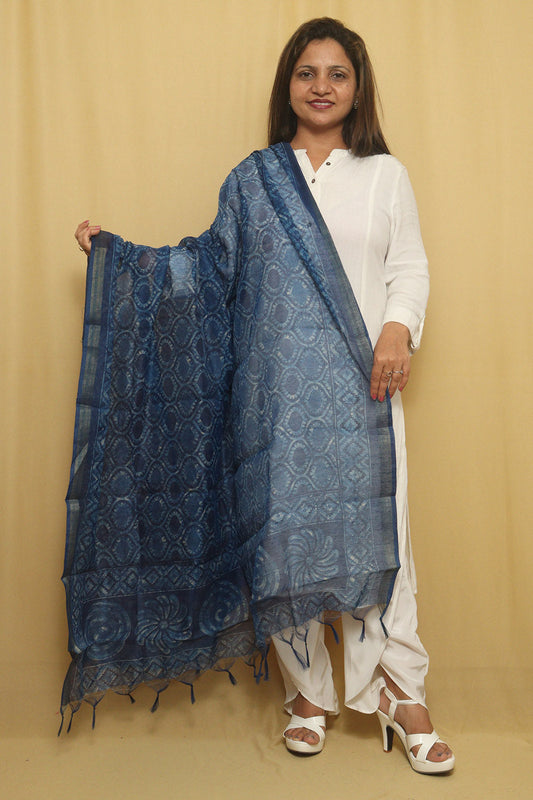 Block Printed Blue Chanderi Silk Dupatta - Stylish Accessory