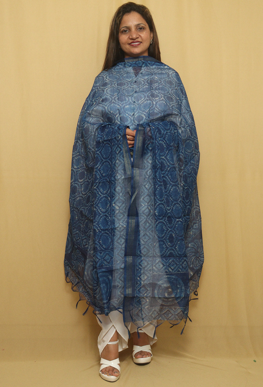 Block Printed Blue Chanderi Silk Dupatta - Stylish Accessory - Luxurion World