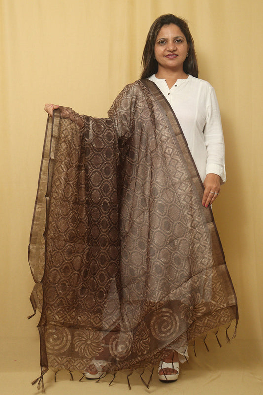 Block Printed Brown Chanderi Silk Dupatta - Stylish and Chic - Luxurion World
