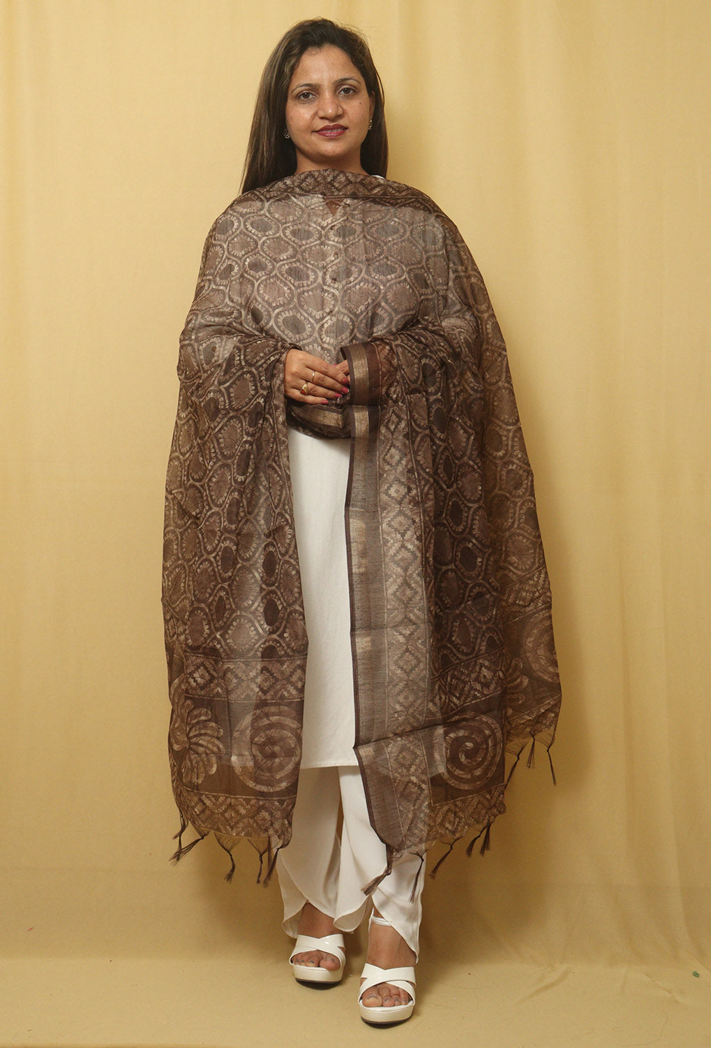 Block Printed Brown Chanderi Silk Dupatta - Stylish and Chic - Luxurion World
