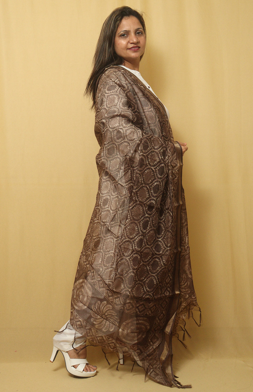 Block Printed Brown Chanderi Silk Dupatta - Stylish and Chic - Luxurion World