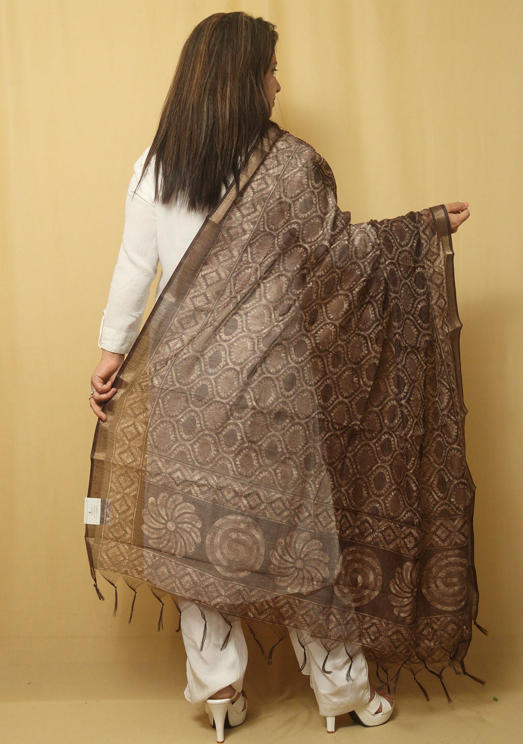 Block Printed Brown Chanderi Silk Dupatta - Stylish and Chic - Luxurion World