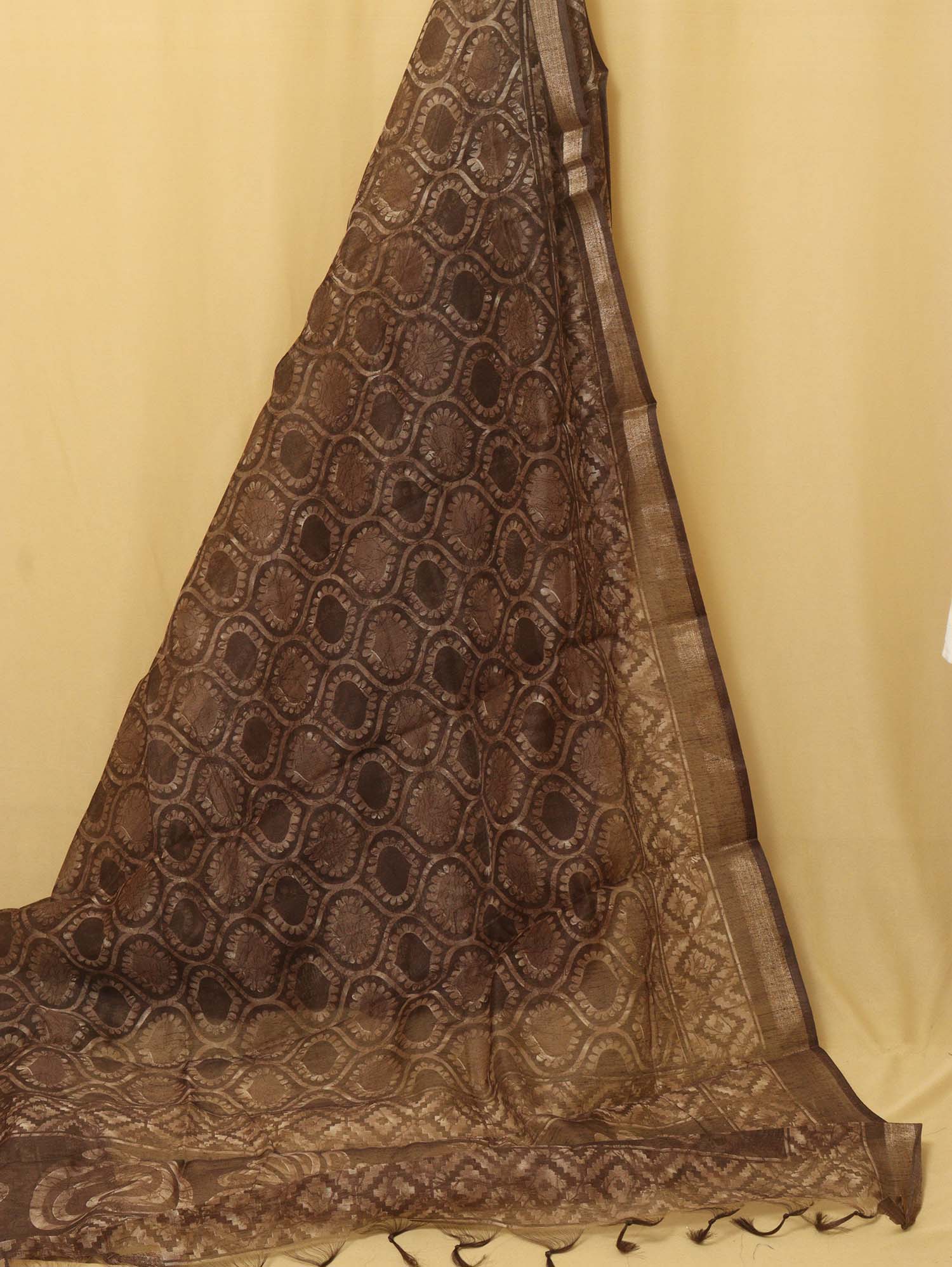 Block Printed Brown Chanderi Silk Dupatta - Stylish and Chic - Luxurion World