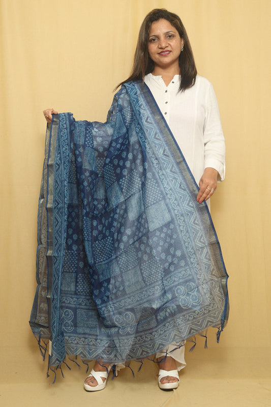 Block Printed Blue Chanderi Silk Dupatta - Stylish & Elegant