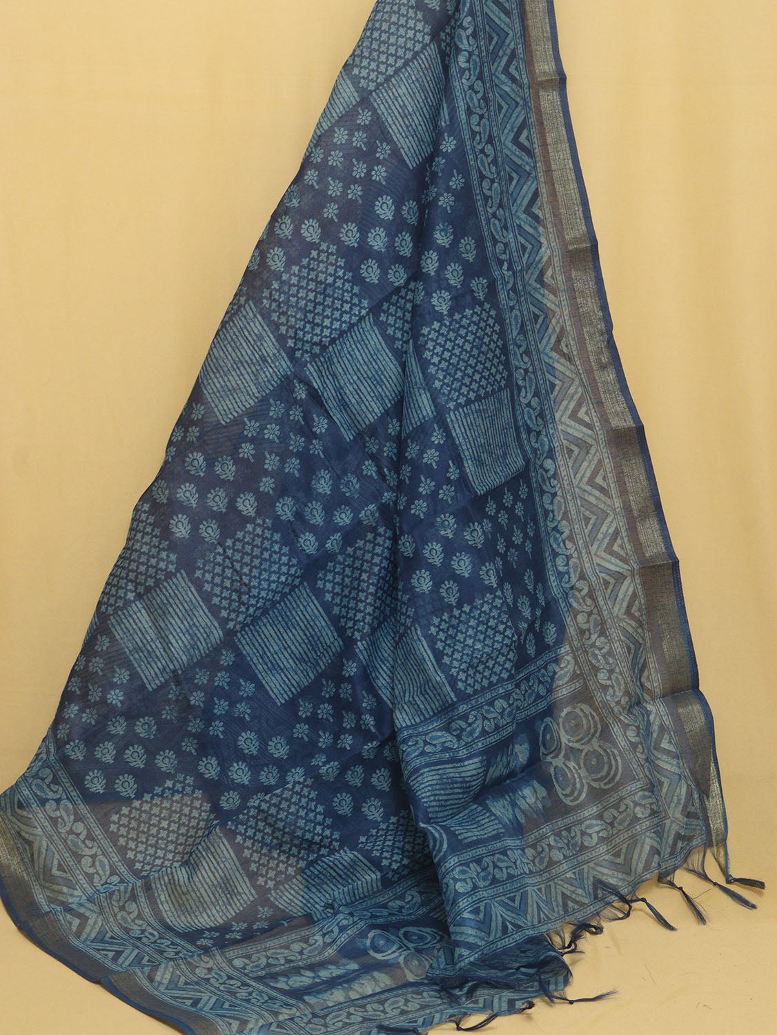 Block Printed Blue Chanderi Silk Dupatta - Stylish & Elegant - Luxurion World