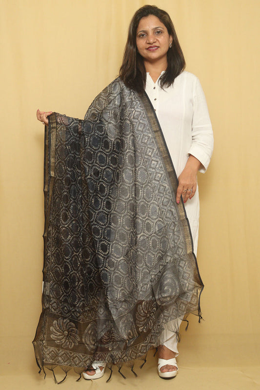 Stylish Black Chanderi Silk Dupatta with Block Print Design - Luxurion World