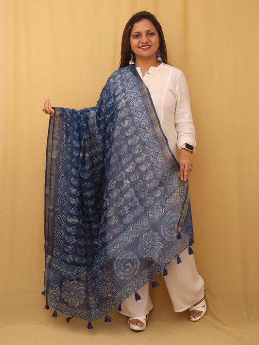 Blue Block Printed Chanderi Silk Dupatta - Luxurion World