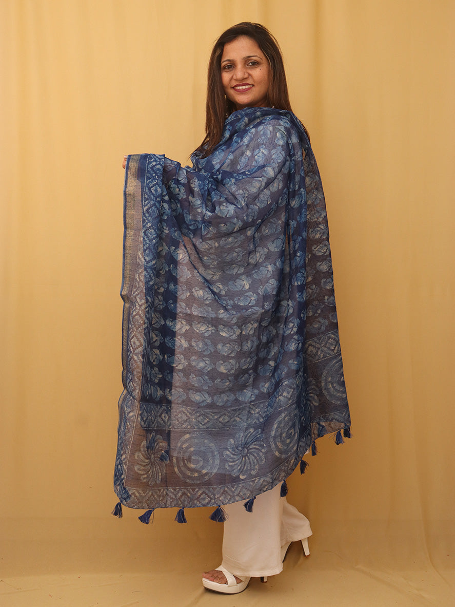 Blue Block Printed Chanderi Silk Dupatta - Luxurion World
