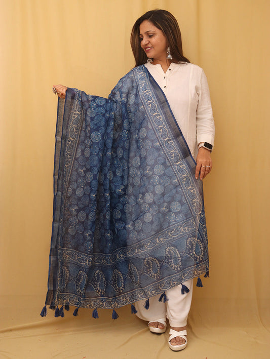 Blue Block Printed Chanderi Silk Dupatta - Luxurion World