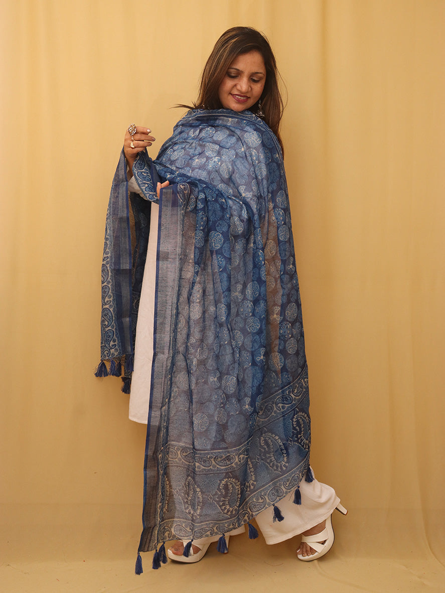 Blue Block Printed Chanderi Silk Dupatta - Luxurion World