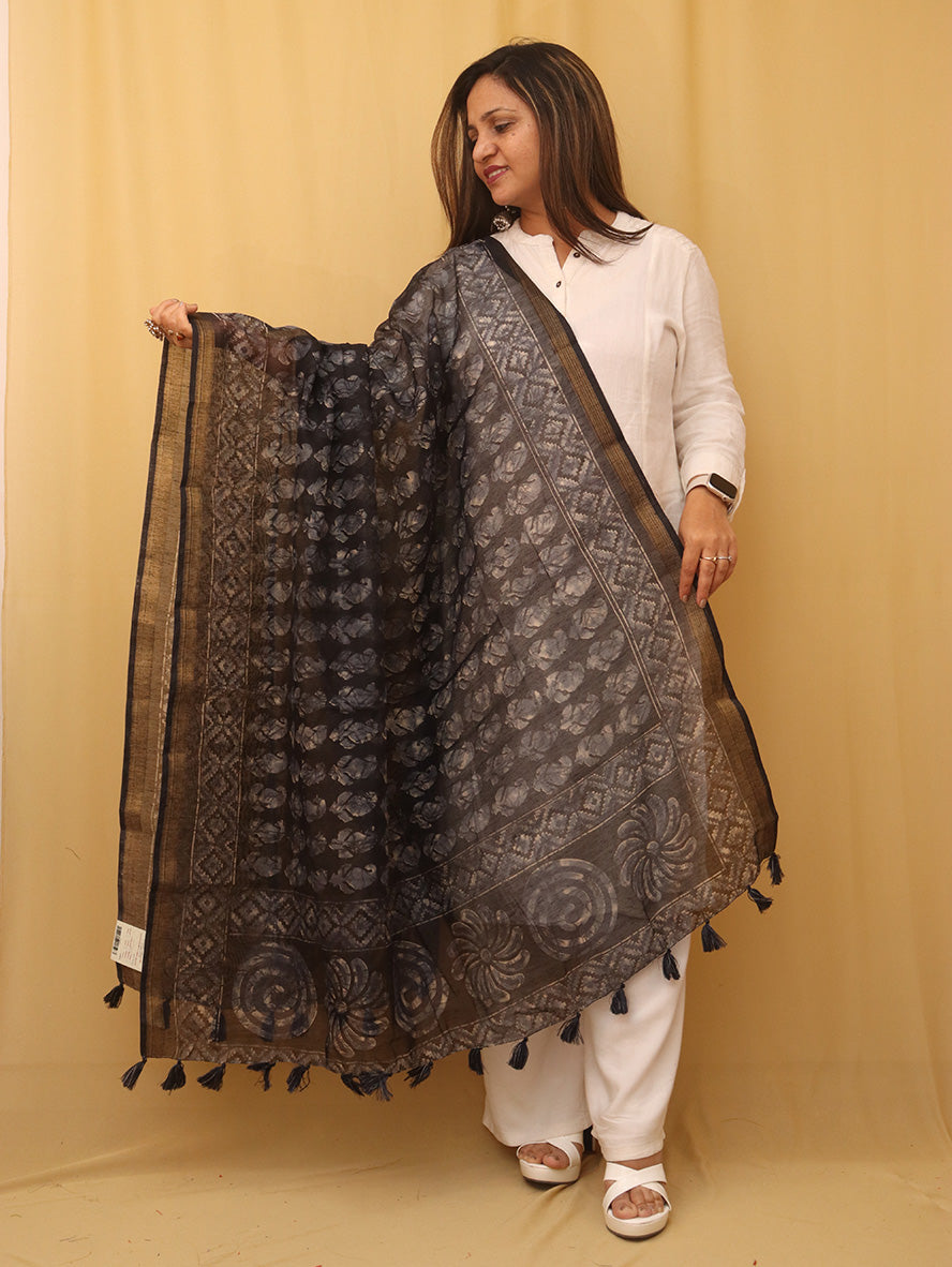 Black Block Printed Chanderi Silk Dupatta - Luxurion World