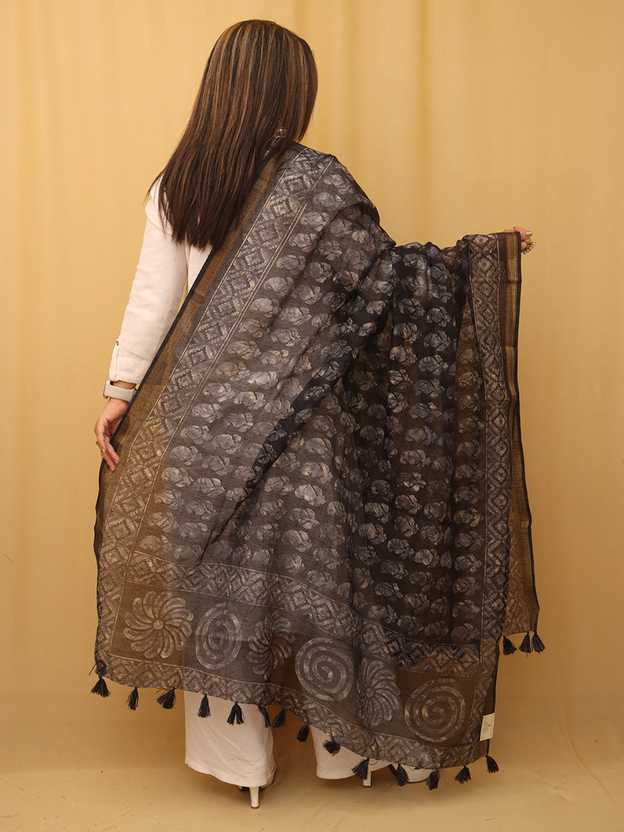 Black Block Printed Chanderi Silk Dupatta - Luxurion World