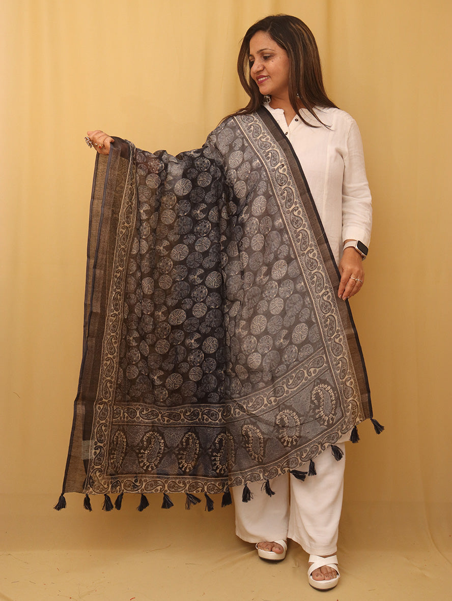 Black Block Printed Chanderi Silk Dupatta - Luxurion World