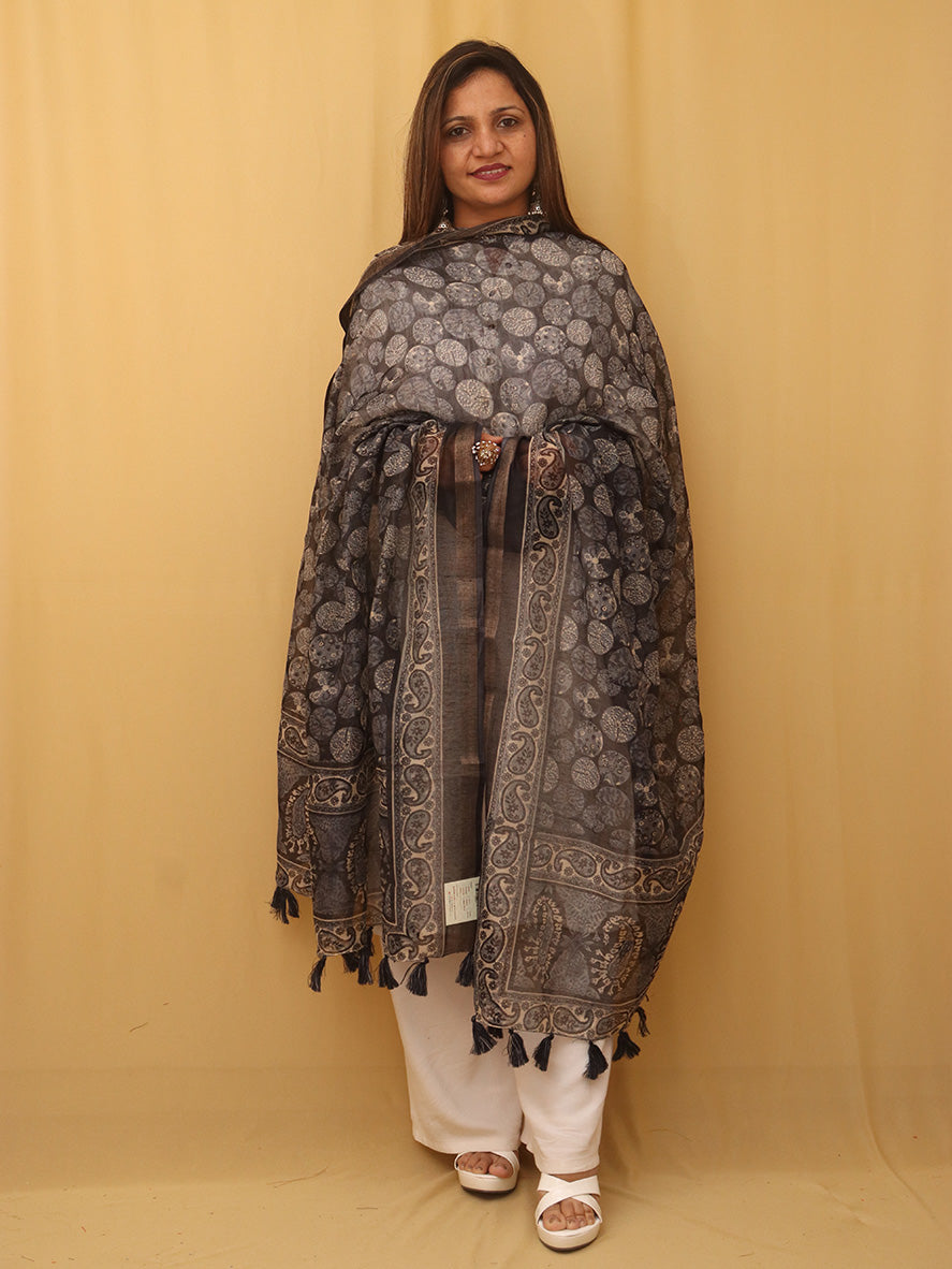 Black Block Printed Chanderi Silk Dupatta - Luxurion World
