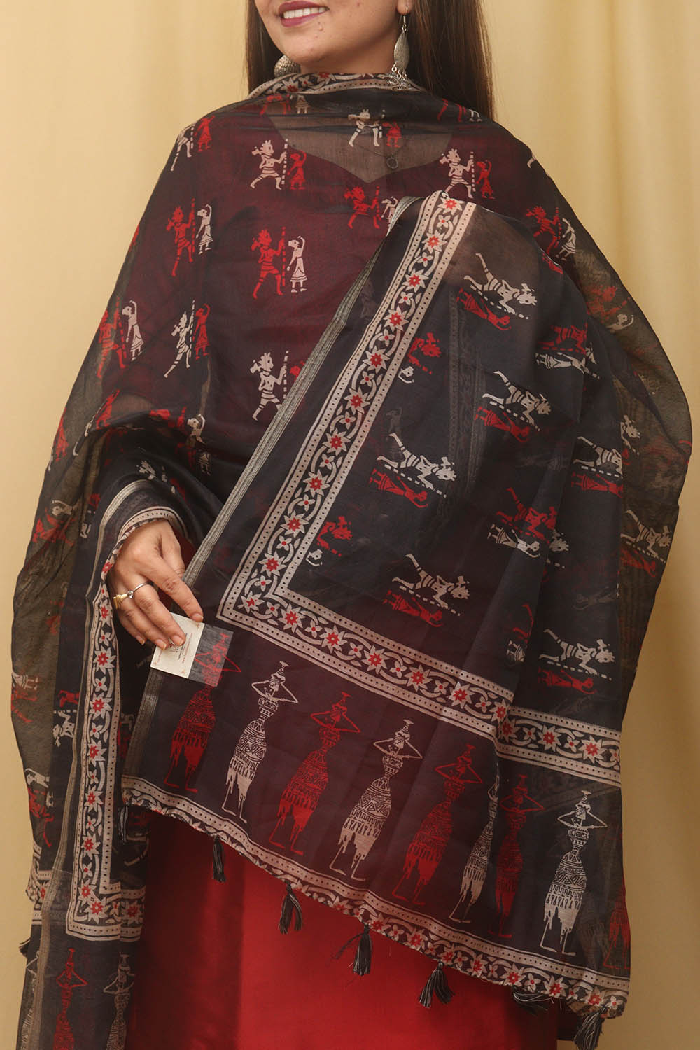 Chic Black Block Printed Chanderi Silk Dupatta With Elegant Tassel - Luxurion World