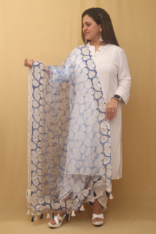 White And Blue Block Printed Organza Handwoven Border Dupatta - Luxurion World