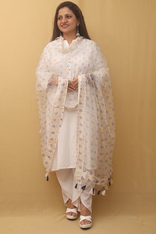 White Block Printed Organza Handwoven Border Dupatta - Luxurion World