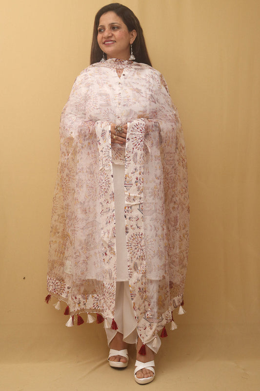 White Block Printed Organza Handwoven Border Dupatta - Luxurion World