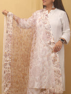 White Block Printed Organza Handwoven Border Dupatta - Luxurion World
