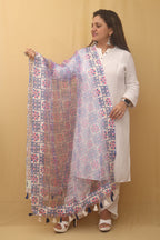 White And Blue Block Printed Organza Handwoven Border Dupatta - Luxurion World