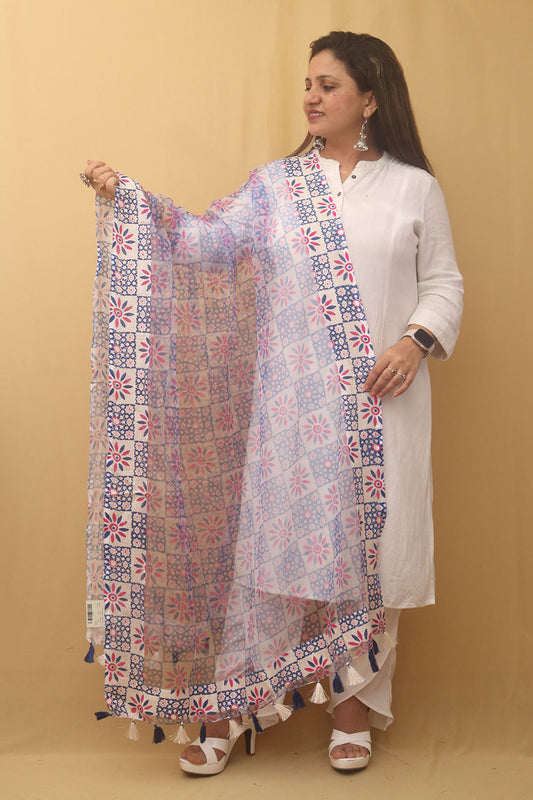 White And Blue Block Printed Organza Handwoven Border Dupatta - Luxurion World