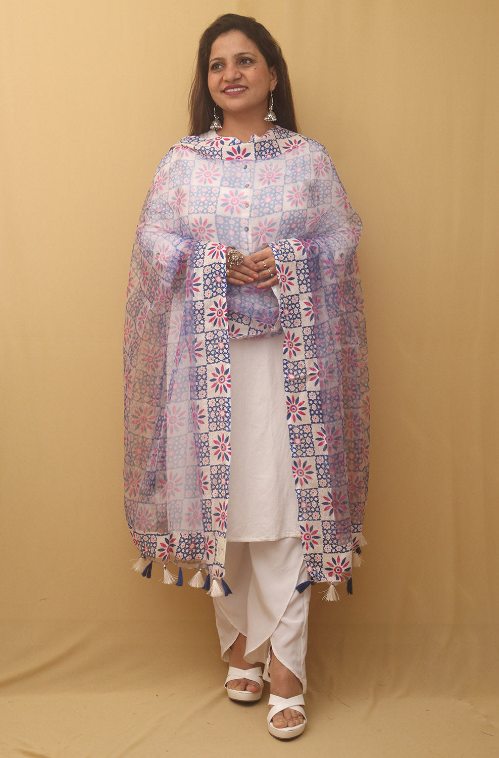 White And Blue Block Printed Organza Handwoven Border Dupatta - Luxurion World