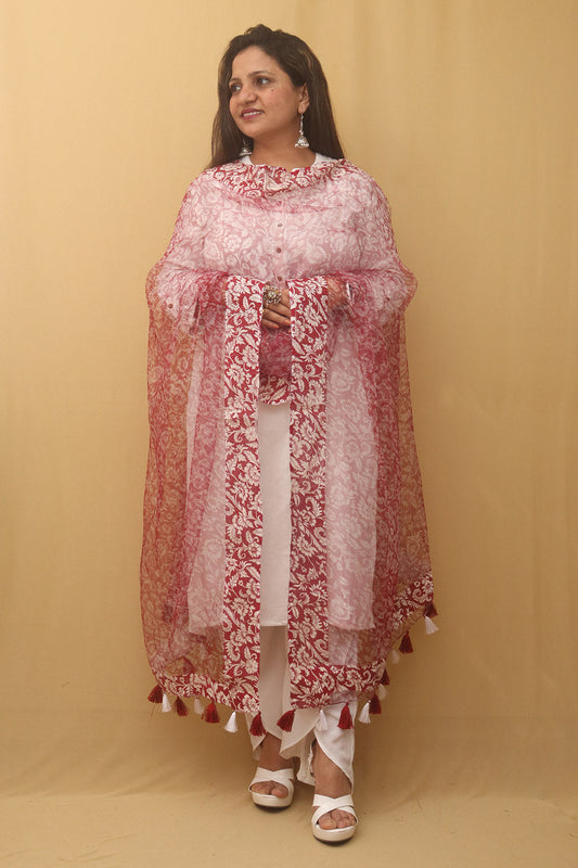 Red Block Printed Organza Handwoven Border Dupatta - Luxurion World