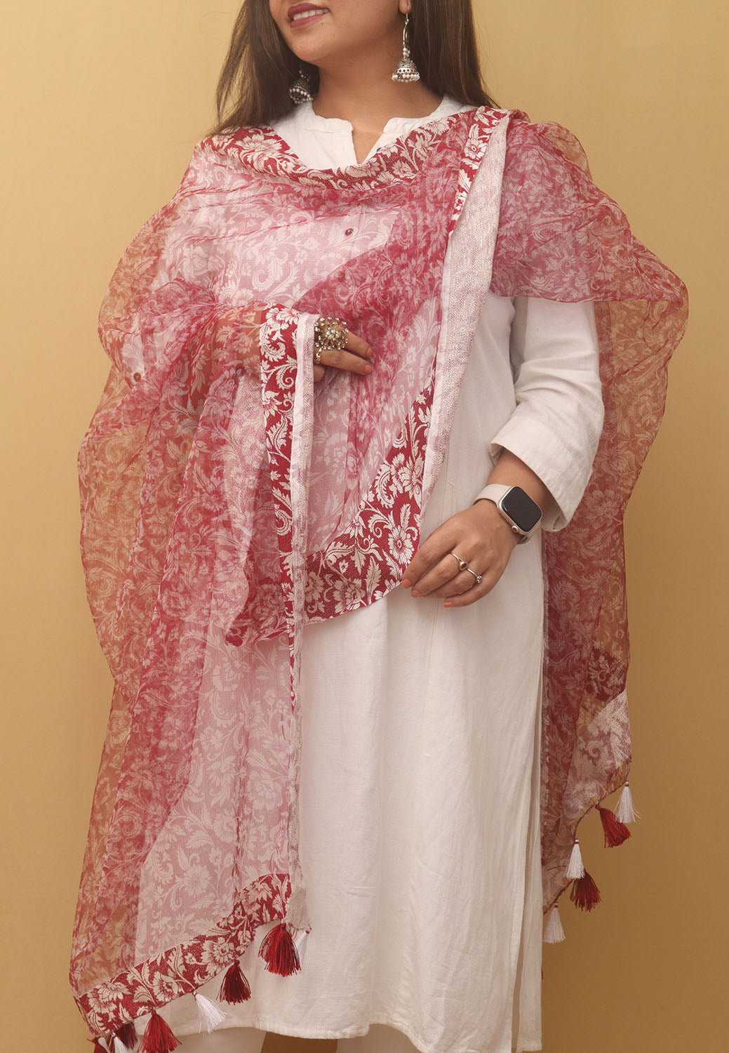 Red Block Printed Organza Handwoven Border Dupatta - Luxurion World