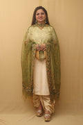 Green Block Printed Organza Handwoven Border Dupatta - Luxurion World
