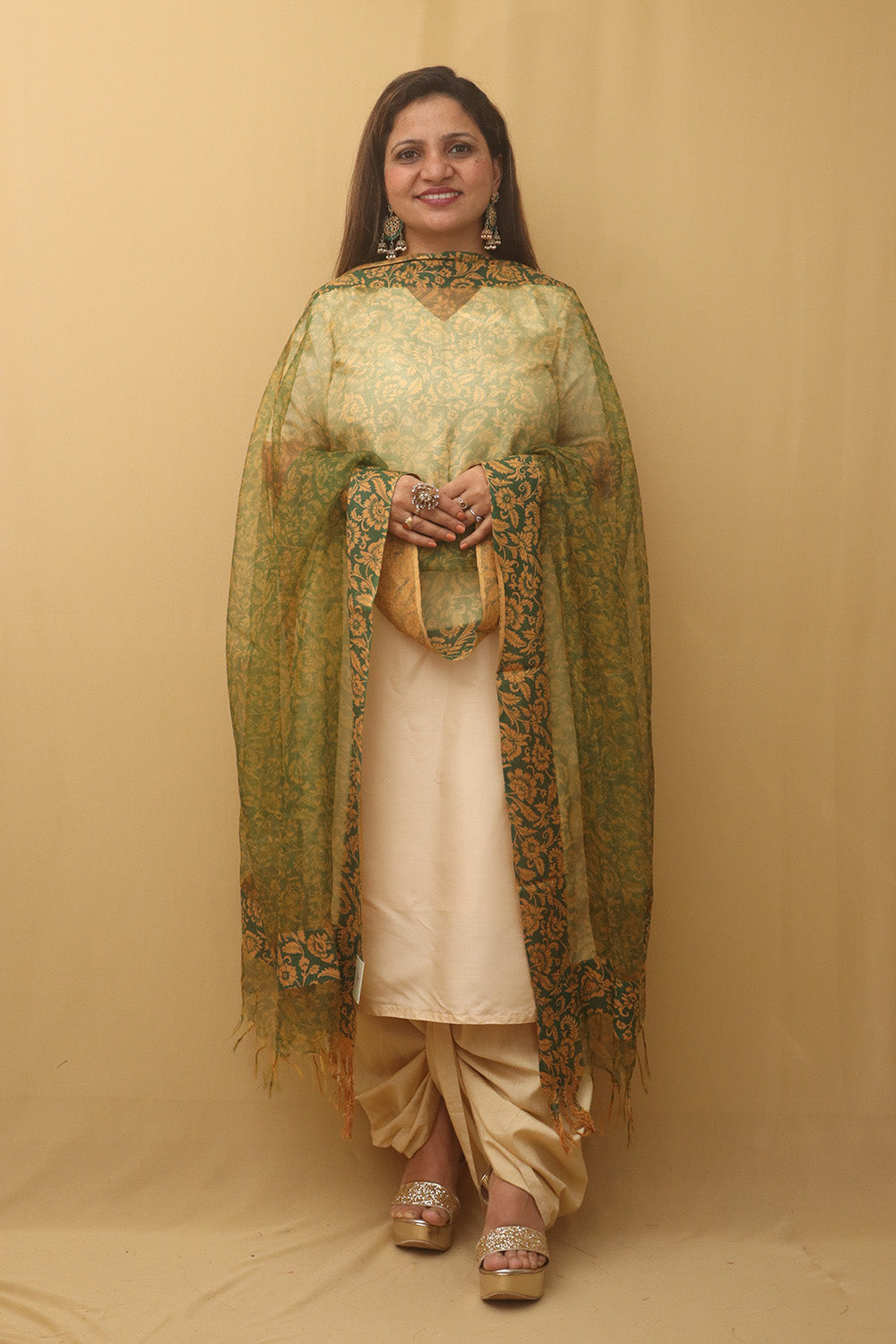 Green Block Printed Organza Handwoven Border Dupatta - Luxurion World
