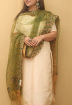 Green Block Printed Organza Handwoven Border Dupatta - Luxurion World