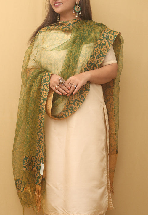 Green Block Printed Organza Handwoven Border Dupatta - Luxurion World