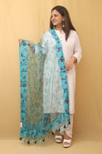 Blue Block Printed Organza Handwoven Border Dupatta - Luxurion World