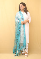 Blue Block Printed Organza Handwoven Border Dupatta - Luxurion World