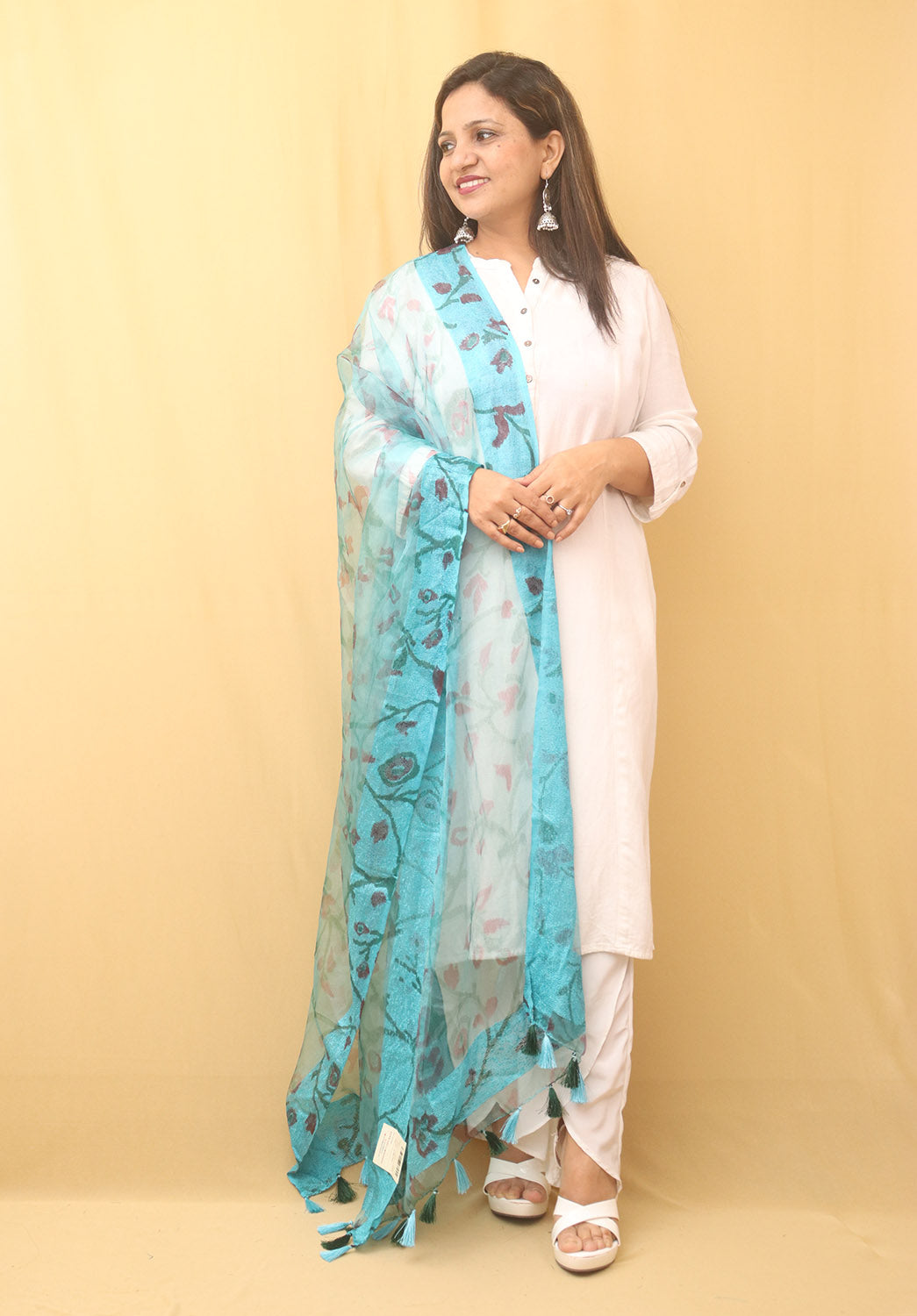 Blue Block Printed Organza Handwoven Border Dupatta - Luxurion World