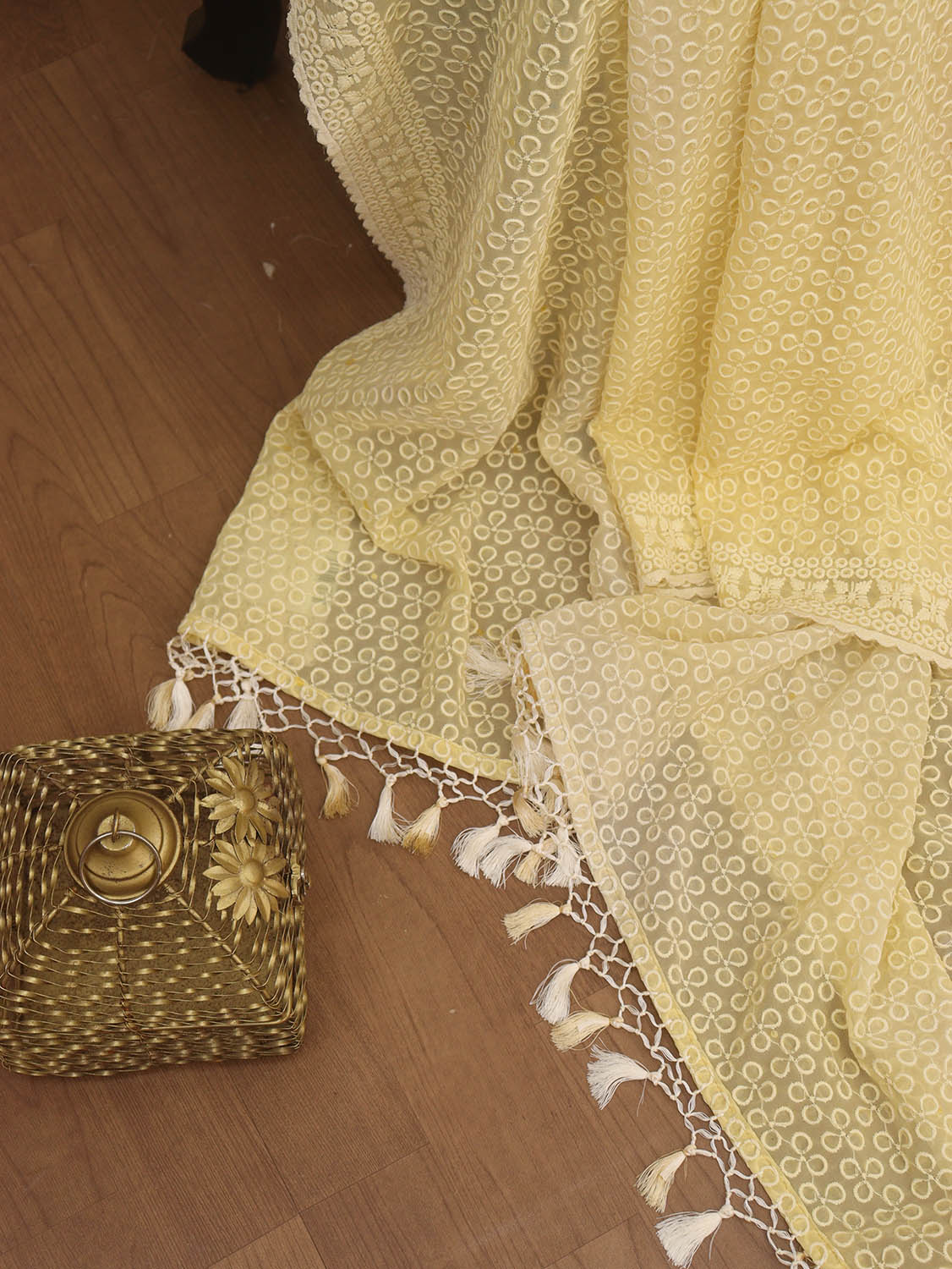 Yellow Embroidered Chikankari Georgette Dupatta - Luxurion World