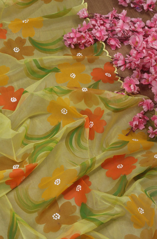 Yellow Hand Painted Organza Silk Scalloped Border Dupatta - Luxurion World