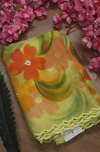 Yellow Hand Painted Organza Silk Scalloped Border Dupatta - Luxurion World