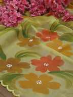 Yellow Hand Painted Organza Silk Scalloped Border Dupatta - Luxurion World