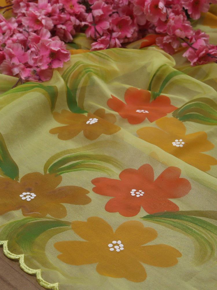 Yellow Hand Painted Organza Silk Scalloped Border Dupatta - Luxurion World