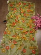 Yellow Hand Painted Organza Silk Scalloped Border Dupatta - Luxurion World