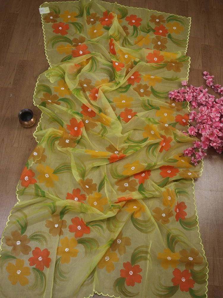 Yellow Hand Painted Organza Silk Scalloped Border Dupatta - Luxurion World