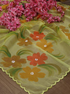 Yellow Hand Painted Organza Silk Scalloped Border Dupatta - Luxurion World